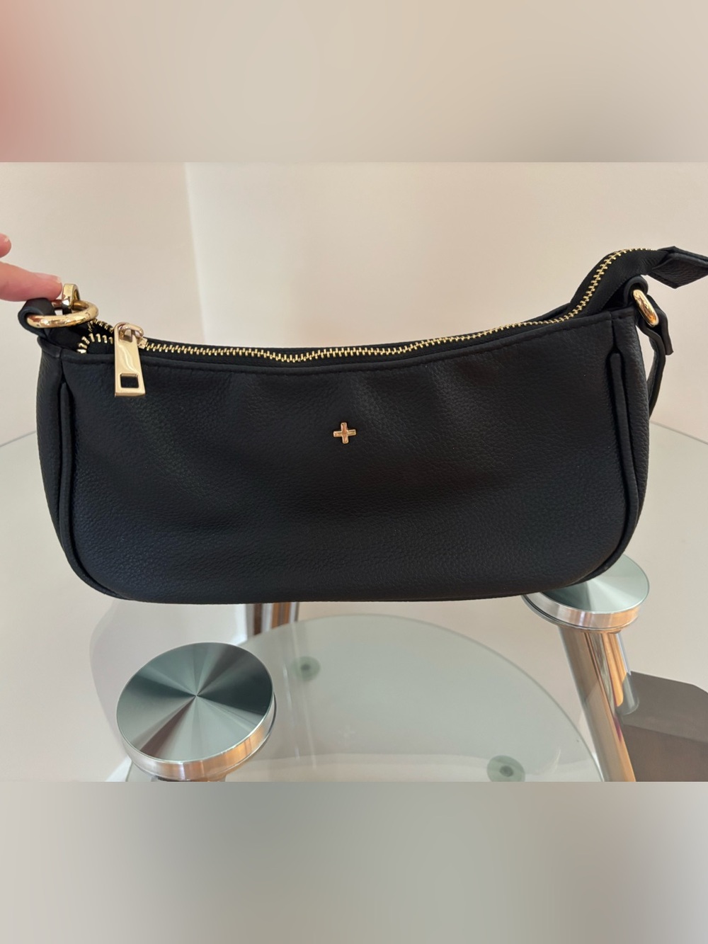 Women's Black Leather Shoulder Bag with Gold Trim